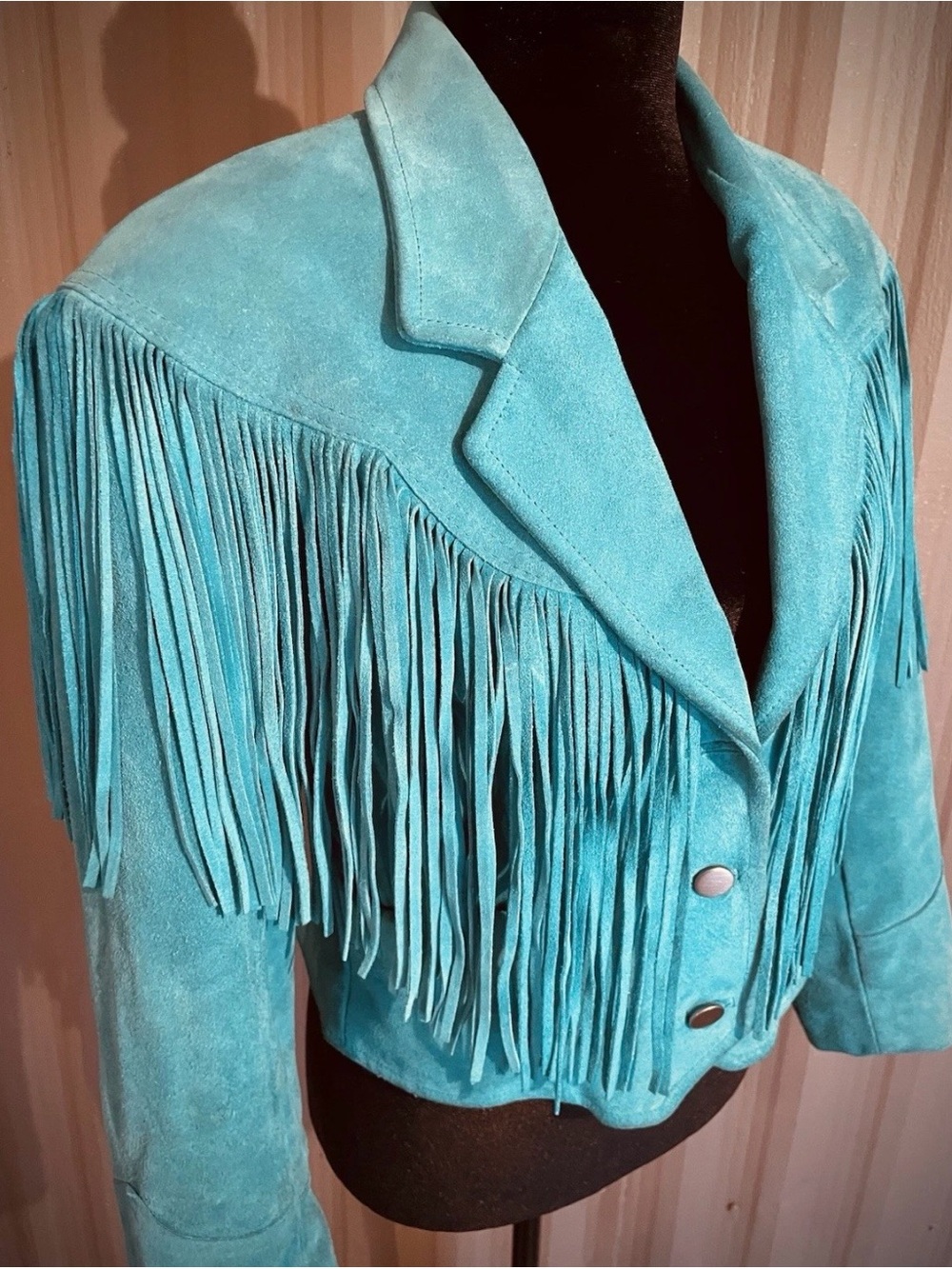 RARE VTG Pioneer Wear Fringe Suede Jacket TURQUOISE Crop Western M ? USA